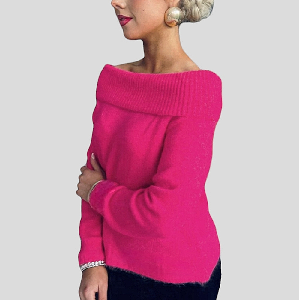 Vintage Y2K Pink Drop Shoulder Knit Slant Long Sleeve Sweater
